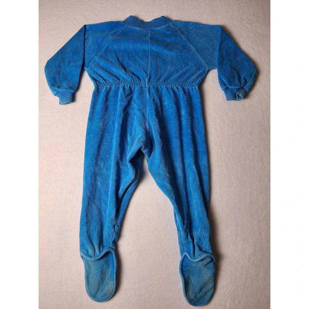 VTG Benay's Basics Footed Sleeper Kids Blue Velour Zip Up Pajamas Y2K Retro 90s